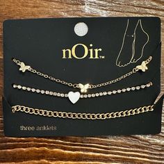 Noir Nordstrom Fashion Jewelry 3 Three Gold Anklets Butterfly Chain Rhinestone New! 3 Anklets: 1- Butterflies 2- Rhinestones & Heart 3- Plain Chain Butterfly Chain, Gold Anklet, Rhinestone Heart, Jewelry Gold, Anklets, Gold Jewelry, Butterflies, Fashion Jewelry, Nordstrom