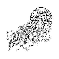 a black and white drawing of a jellyfish with flowers on it's back