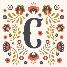 the letter c is surrounded by flowers and butterflies in this floral monogrammed design