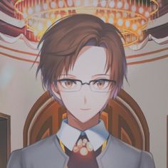 an anime character with glasses and a tie in front of a chandelier hanging from the ceiling