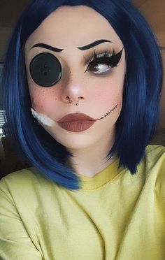 Excorsist Costume Diy, Characters With Blue Hair Costume, Drusilla Cosplay, Gothic Costume Halloween Women, Coraline Inspired Makeup, Coraline Makeup Looks, Diy Coraline Costume, Blue Hair Halloween Costumes Ideas, Disney Character Makeup Looks