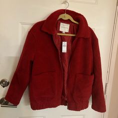 Nwt Red Sherpa Jacket Red Fleece-lined Outerwear For Winter, Cozy Red Outerwear For Fall, Red Fleece Jacket With Fleece Lining For Winter, Red Fleece Jacket For Fall, Red Winter Fleece Jacket With Fleece Lining, Burgundy Winter Outerwear For Cold Weather, Cozy Burgundy Winter Outerwear, Red Fall Outerwear With Faux Fur Lining, Red Faux Fur Lined Outerwear For Fall