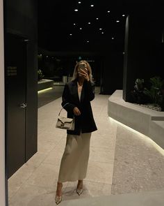 Blazer Over Dress Outfits Party, Formal Work Dinner Outfit, Blazer Over Formal Dress, Dress With Blazer Formal, Maxi Work Outfit, Blazer Maxi Skirt Outfit, Blazer And Long Dress Outfit, Blazer And Satin Skirt, Expensive Dinner Outfit