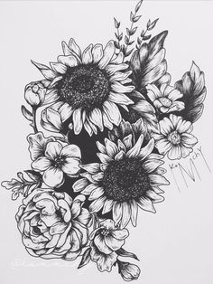 a black and white drawing of sunflowers