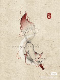 an artistic drawing of a cat with chinese calligraphy on the back and red ink