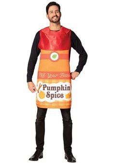 a man wearing an apron that says pumpkin spice