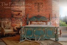 a bedroom with brick walls and an antique bed frame in the foreground is a painting of a deer on the wall