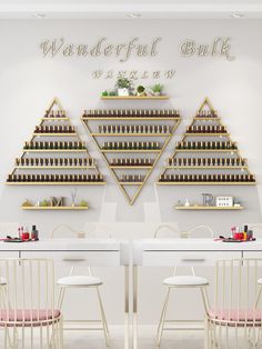 two white tables with pink chairs are in front of a wall that has wine bottles on it