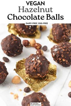 vegan hazelnut chocolate balls on top of gold foil