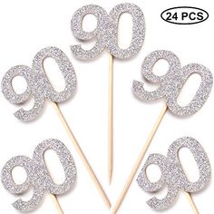 glitter 90th birthday cake topper set of 24 - silver number 90, 90th