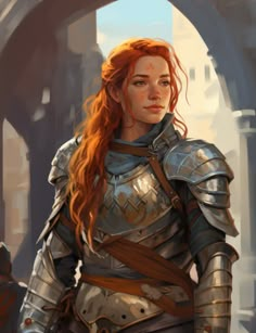 a painting of a woman in armor with long red hair standing next to an archway