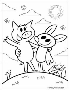 an animal coloring page with two pigs on top of a hill and the sun in the background