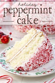 a slice of white cake with red sprinkles on it and the words holiday peppermint cake