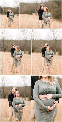 a pregnant couple standing in tall grass with their arms around each other