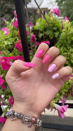 Pink Nails Different Colors, Two Different Colored Nails On Each Hand Acrylic, 5 Different Color Nails Pink, Multiple Shades Of Pink Nails, Multi Color Pink Nails, Summer Acrylic Nails Squoval, Pink Multicolor Nails, Multi Pink Nails Color Combos, Multi Pink Nails