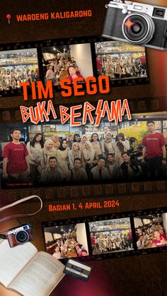 the poster for tim sego buka berama is shown with an open book and camera