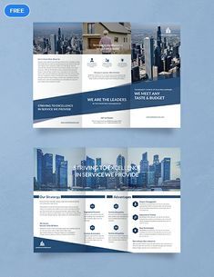 an open tri fold brochure is shown on a blue background with the cityscape in the background