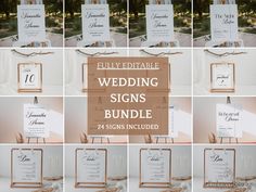 the wedding signs bundle is shown in multiple pictures, with different font and numbers on them