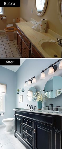 before and after pictures of a bathroom remodel