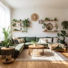 a living room filled with lots of furniture and plants on top of the walls,