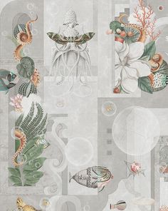 a wallpaper design with tropical flowers and sea creatures on grey background, including an octopus