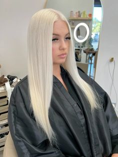 Blonde hair Platinum Blonde Layered Hair, Black To Platinum Hair, All Over Platinum Blonde, Bleach And Tone Blonde, Full Bleach Blonde Hair, Platinum Blonde Hair White, Cool Platinum Blonde Hair, Icy Blonde Highlights On Blonde Hair, Long Icy Blonde Hair