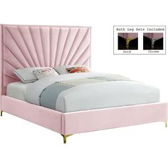 a pink bed with an upholstered headboard and foot board