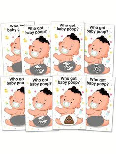 six baby cards with the words who got baby poop? and an image of a baby