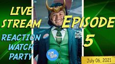 a man in a green vest and tie wearing a horned headdress with the words live stream episode 5 reaction watch party