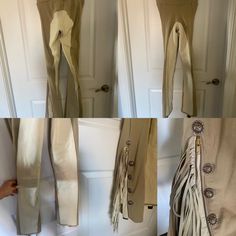 four pictures of different types of pants hanging on the wall