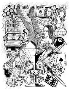 a black and white drawing of a woman surrounded by money, cards, and other items