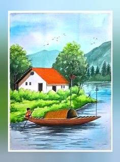 a painting of a boat with a house in the background