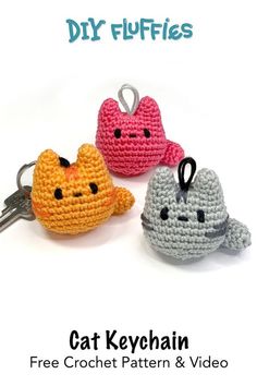 three crocheted keychains with cats on them and the words cat keychain free crochet pattern & video