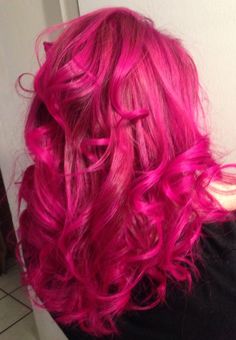 Ion Pink Hair Color, Short Hair Bright Colors, Bright Coloured Hair, Pink Wavy Hair, Hot Pink Hair Dye, Hot Pink And Light Pink Hair, Hot Pink Curly Hair, Vibrant Pink Hair