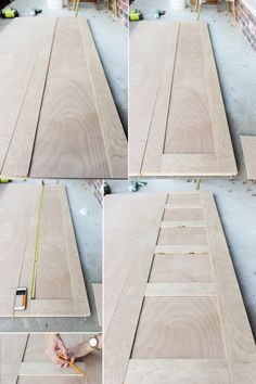 the steps to make a diy door from plywood and wood planks are shown