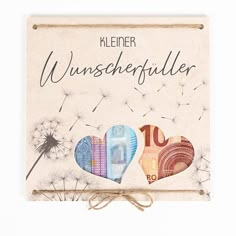 a greeting card with two hearts and dandelions in the shape of euro notes