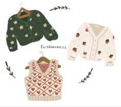 three sweaters with hearts on them and arrows pointing up to the top one that says,