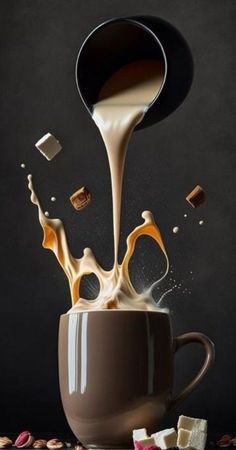 chocolate being poured into a coffee cup with marshmallows and sugar scattered around it