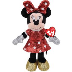 a minnie mouse stuffed animal with a heart in it's hand and wearing a red dress