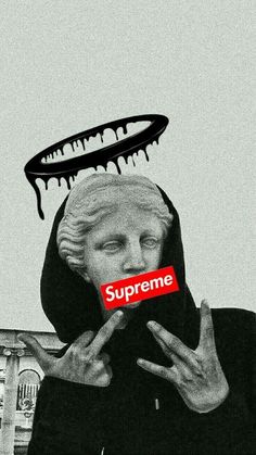 an image of a woman holding a supreme sticker in front of her head with dripping paint on it