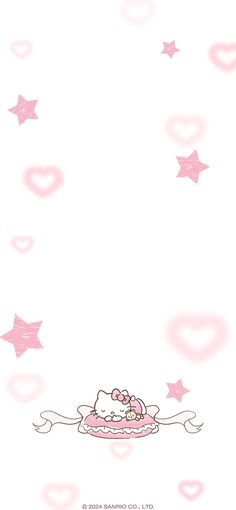 a hello kitty wallpaper with pink hearts and stars on it's border, as well as an image of a cake