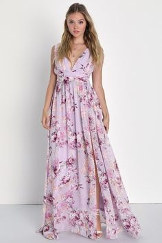 Get lost in all the dreamy details of the Lulus Garden Meandering Lavender Floral Print Maxi Dress! Chiffon, with a pink, ivory, and grey floral print, forms wide straps (with hidden no-slip strips) that flow into a plunging bodice. Sweeping maxi skirt, with a side slit, falls below a gathered waistline. Hidden back zipper/clasp. Fit: This garment fits true to size. Length: Floor length. Size medium measures 61.5" from shoulder to hem. Bust: Great for any cup size. Waist: Fitted - very fitted at Light Purple Floral Bridesmaid Dresses, Garden Party Dress Plus Size, Semi Formal Floral Dress, Floral Maid Of Honor Dress, Purple Floral Bridesmaid Dresses, Floral Formal Gown, Lavender Bridesmaids, Garden Party Dresses, Lavender Floral Dress