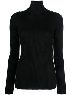 funnel-neck wool-silk top from JIL SANDER featuring black, wool-silk blend, ribbed knit, funnel neck and long sleeves.