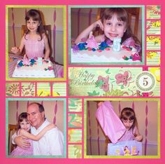 a collage of photos with two children and a birthday cake in the middle one has flowers on it