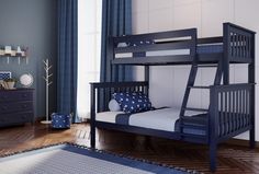 a bunk bed with drawers underneath it and blue curtains on the window sill above