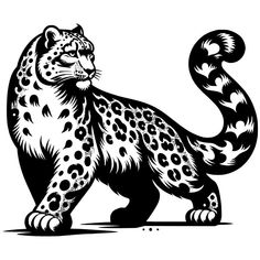 a black and white drawing of a cheetah standing on one leg with its tail curled up