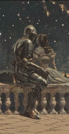 two people sitting on a ledge looking at the stars in the night sky with one person dressed as a knight