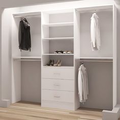 an empty white closet with clothes hanging on the shelves and drawers in front of it