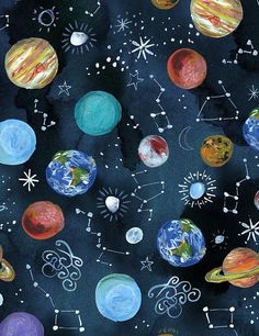 the solar system is painted with chalk and watercolors on black paper, as well as stars and planets