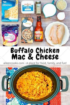 the ingredients for buffalo chicken macaroni and cheese are shown in this collage